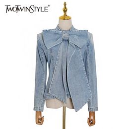 TWOTWINSTYLE Solid Elegant Denim Shirt For Women O Neck Long Sleeve Zipper Slim Blouse Female Summer Fashion Clothing Trend 210317