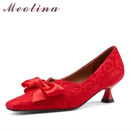 Meotina Women Shoes Square Toe Med Heels Fashion Stiletto Heel Pumps Bow Wedding Shoes Ladies Footwear Spring White Plus Size 43 210608