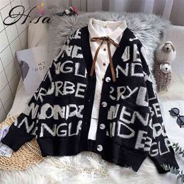 Winter Clothes for Women christmas sweater and Cardigans Black White Letters Printed Jacquard Long Knitted Jacket 210430