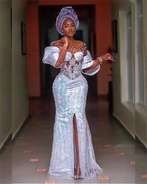2022 Aso Ebi African Beaded Evening Dresses Long Pearls Lace Formal Gowns Women Elegant Robe De Soiree 322