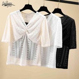 Korean Summer Lace Tops Women Solid Short Sleeve V-neck Blouse Blusas Mujer De Moda Casual Shirts Clothes 9421 50 210508
