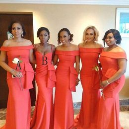 2021 African Arabic Coral Mermaid Long Bridesmaid Dresses Portrait Neck Floor Length Evening Prom Dress Plus Size Wedding Guest Gowns