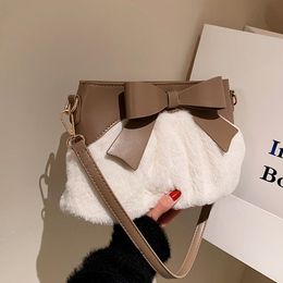 Evening Bags Cute Bowknot Pleated Plush Women Shoulder Bag Winter Soft Crossbody For Casual Splice Pu Leather Woman Handbags