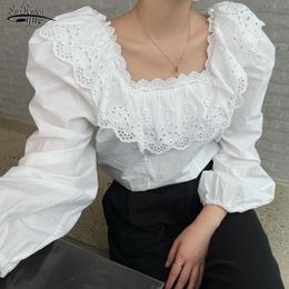 Spring Autumn Square Collar Cotton Blouse Women Sweet Lantern Sleeve Female Shirt with Lace White Pink Clothing 13973 210508