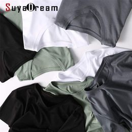 SuyaDream Mens Solid T shirts Cotton and Silk mix Plain O neck Short Sleeved Shirts Summer Basic Top 210324