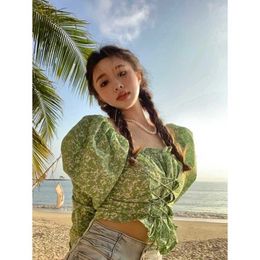 Shirts & Blouses Clothing Fresh Fashion Green Square Neck Puff Sleeve Floral Print Blouse Women Korean Chic Lace Up Crtop Top 210610