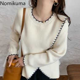 Nomikuma Korean Chic Autumn Elegant O Neck Pullover Contrast Colour Loose Design Side Split Long Sleeve Knitted Sweater Women 210514