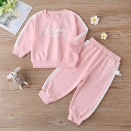 Winter Children Sets Casual Long Sleeve O Neck Print Letter T-shirt Pink Trousers Cute 2Pcs Girls Clothes 2-6T 210629