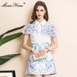 Fashion Designer Summer Skirts Suit Women Turn-down Collar white Blouse and printed High waist Mini 2 Pieces Set 210524