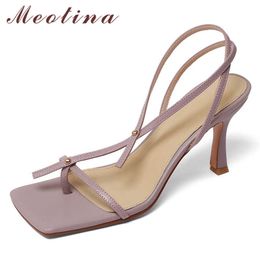 Meotina Shoes Women Genuine Leather Sandals Ankle Strap High Heel Shoes Square Toe Thin Heel Ladies Footwear Summer Black Sexy 210608