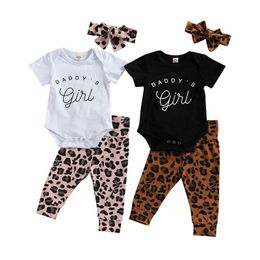 Emmababy 2021 Spring 0-18M Baby Girl 3Pcs Set DADDY Short Sleeve Letter Print Bodysuit+Leopard Pants+Headband 2 Colours Clothing Sets