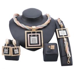 Dubai Gold Colorful Jewelry Sets for Women Square Pendant Crystal Necklace Earring Set Nigerian Bridal Wedding Costume Jewelry
