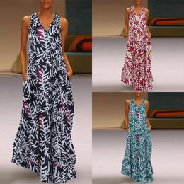 Casual Dresses Summer Women Boho Dress Fashion Print Sleeveless V-Neck Plus Size With Pocket Ladies Loose Maxi Dress#35