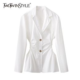 White Patchwork Diamond Blazer For Women Notched Long Sleeve Hollow Out Ruched Slim Blazers Female Spring 210524