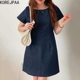 Korejpaa Women Dress Summer Korean Chic Ladies Simple Round Neck A-Line High Waist Short Sleeve Washed Blue Denim Vestidos 210526