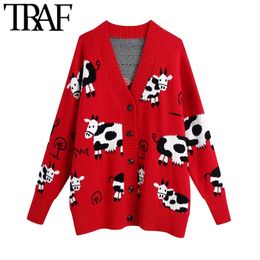 Women Fashion Oversized Animal Pattern Knitted Cardigan Sweater Vintage Long Sleeve Female Outerwear Chic Tops 210507