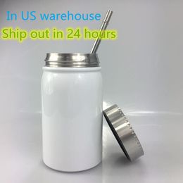 US Warehouse 500ml sublimação pedreiro jarra canecas de aço inoxidável xícara de café portátil isolamento de tumbler garrafa à prova de poeira com palha de metal b6
