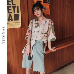 Yedinas Japanese Streetwear Ukiyoe Print Summer Blouse Women Collared Button Up Shirt Short Sleeve Top And Clothing 210527