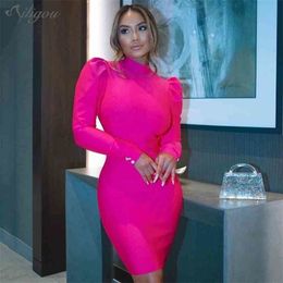 Summer Year Solid Colour Rose Red Women's O-neck Long Sleeve Sexy Dress Casual Party Club Wear Rayon Bandage 210525
