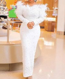2022 White Sexy Luxury Evening Dresses Wear Arabic Off Shoulder Long Sleeves With Feather Crystal Pearls Formal Party Dress Prom Gowns Sheath Ankle Length