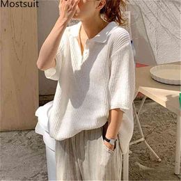 Summer Korean Oversized Knitted T Shirts Tops Women Short Sleeve Turn-down Collar Solid Loose Casual Fashion T-shirts Tees 210513