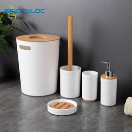 Smartloc 5PCS Plastic & Bamboo Bathroom Accessories Set Toothbrush Holder Toothpaste Dispenser Soap Dish Bin Toilet Accessories 210322