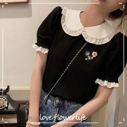 Korea Style Short Sleeve Kawaii Black Blouse and Tops Women Casual Floral Embroidery Shirts Female Y2k Crop Top Summer Chic 210521