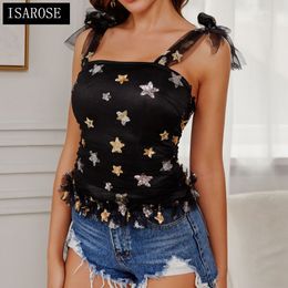 ISAROSE Lady Summer Camis Star Sequins Embroidery Short Spaghetti Tops Pink Black Bandage Camisole Women Fashion 2 Layers Vest 210422