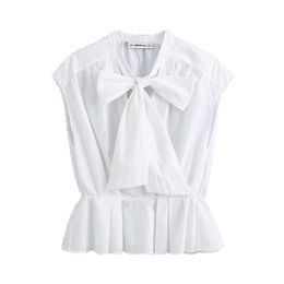 Women Elegant Fashion Office Wear Ruffled Blouses Vintage White Bow Tied Collar Sleeveless Shirts Girls Chic Tops 210520