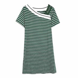 PERHAPS U Green Striped Asymmetrical Collar Letter Short Sleeve Mini Dress Summer Elegant D1683 210529