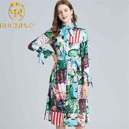 Spring Runway Contrast Floral Shirt Dress Women Long Sleeve Bowknot Multicolor Print Sashes Holiday Midi Dresses 210506