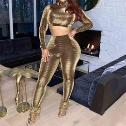 Autumn Winter Casual Fashion Club Streetwear Women Sexy Shiny Pants Sets High Neck Long Sleeve Crop Top + Leggings Trousers Suit 210517