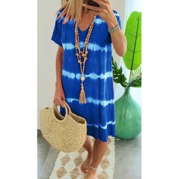 Casual Tie Dye DrShort Sleeve Women's Print Dresses Summer V-Neck Loose Boho Sun Beach DrPlus Size Falda de las seoras X0529