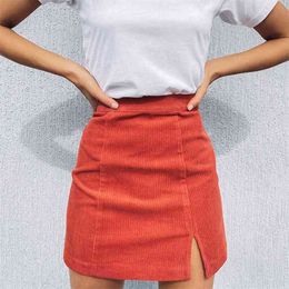 Woman corduroy skirt summer sexy mini Vintage harajuku s slit slim high waist straight ladies korean style 210629