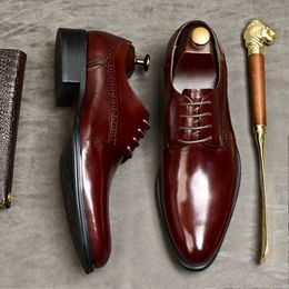Lacing Mens Formal Shoe Black Wine Red Men Brogue British Oxford Dress Shoes Genuine Leather Pointed Toe Men Wedding Shoes