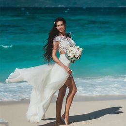 2021 Bohemian Beach Wedding Dresses Two Piece Sexy Side High Split Long Chiffon Boho Bridal Gowns Tops Lace Appliques Lady Bride Dress