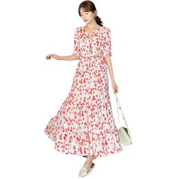 Fashion dresses women summer high waist chiffon elastic long skirt temperament printed 210520