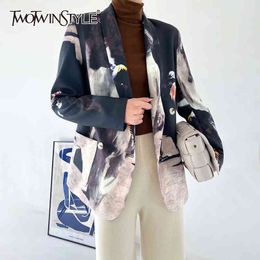 Casual Tie Dye Print Blazer For Women Notched Long Sleeve Double Breasted Straight Blazers Female Spring Style 210524