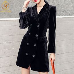 Autumn And Spring Black Velvet Slim Long-Sleeved Vintage Double-Breasted Coat 210520