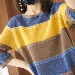 Lucyever Women's Autumn Winter Striped Sweater Colourful Patchwork Loose Pullovers Women Plus Size 3X Casual Knitwear Tops Jumper 210521