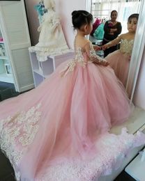 New Lace Pink Vintage Flower Girl Dresses Sheer Neck Long Sleeves Little Girl Wedding Dresses Cheap Communion Pageant Dresses Gowns