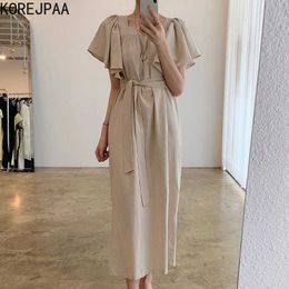 Korejpaa Women Dress Summer Korean Chic Retro Square Collar Pleated Loose Lace-up Waist Casual Long Flying Sleeve Vestidos 210526