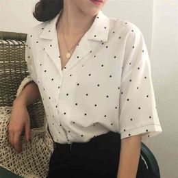 Women Blouse Polka Dot Shirt Summer Short Sleeve V Neck Casual Elegant Print Tops Female Clothing White Shirts #366 210323
