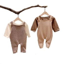 Autumn born Baby Girl Boy Clothes Romper Sleeveless Solid Jumpsuit Cross Back Straps Overalls Casual Outfits 211011
