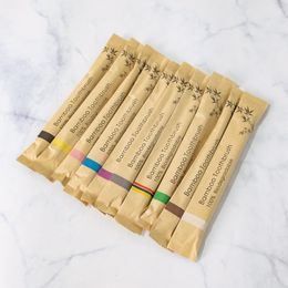 Adult Bamboo Disposable Toothbrush Ecological Travel Bio Kraft Paper Package Flat Handle Biodegradable Hotel Supplies w-00901