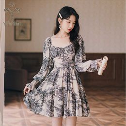 YOSIMI Floral Print Mini Black Dress Summer Vintage Square Collar A-line Long Sleeve Empire Women Vestido Feminino 210604