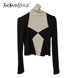 TWOTWINSTYLE Geometric Patchwork Sweater For Women Turtleneck Long Sleeve Hit Colour Slim Knitted Tops Female Autumn 210517