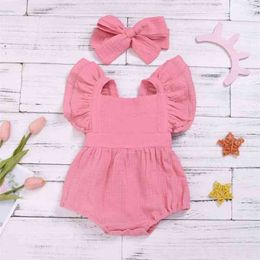 Cotton Baby Girl Clothes Summer Double Gauze Kids Ruffle Romper Jumpsuit Headband Pink Playsuit For born 210816