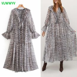 VUWWYV Chiffon Ruffle Printed Maxi Dresses for Women Tie Dye Ruched Dress Woman Long Puff Sleeve Flare Hem Party Vestido 210430