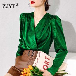 Spring Designers Luxury 100% Real Silk Blouses Women Long Sleeve Elegant V Neck Solid Office Shirt Feminino Blusas Green Tops 210601